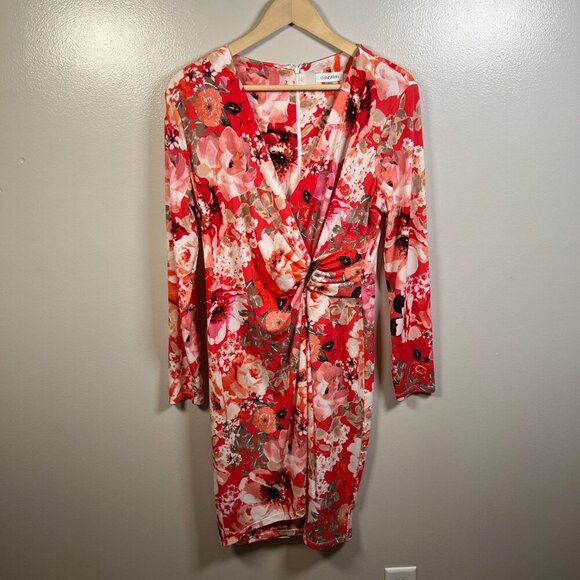 Calvin Klein Faux Wrap Dress Size 12 Floral Wedding Event Work Career Pink - Picture 1 of 11
